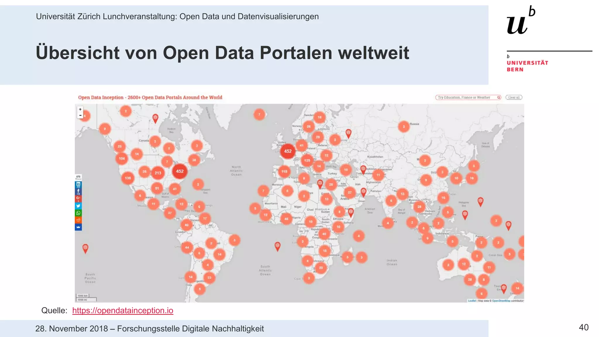 Universität Zürich Lunchveranstaltung: Open Data und Datenvisualisierungen
4028. November 2018 – Forschungsstelle Digitale Nachhaltigkeit
Übersicht von Open Data Portalen weltweit
Quelle: https://opendatainception.io
 