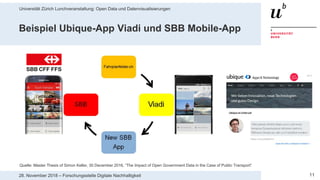 Universität Zürich Lunchveranstaltung: Open Data und Datenvisualisierungen
1128. November 2018 – Forschungsstelle Digitale Nachhaltigkeit
Beispiel Ubique-App Viadi und SBB Mobile-App
Quelle: Master Thesis of Simon Keller, 30 December 2016, ”The Impact of Open Government Data in the Case of Public Transport”
 