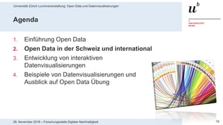 Universität Zürich Lunchveranstaltung: Open Data und Datenvisualisierungen
1928. November 2018 – Forschungsstelle Digitale Nachhaltigkeit
Agenda
1. Einführung Open Data
2. Open Data in der Schweiz und international
3. Entwicklung von interaktiven
Datenvisualisierungen
4. Beispiele von Datenvisualisierungen und
Ausblick auf Open Data Übung
 