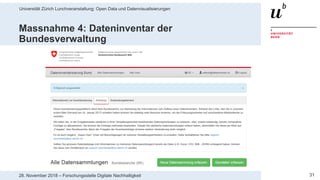 Universität Zürich Lunchveranstaltung: Open Data und Datenvisualisierungen
3128. November 2018 – Forschungsstelle Digitale Nachhaltigkeit
Massnahme 4: Dateninventar der
Bundesverwaltung
 