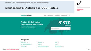 Universität Zürich Lunchveranstaltung: Open Data und Datenvisualisierungen
3228. November 2018 – Forschungsstelle Digitale Nachhaltigkeit
Massnahme 6: Aufbau des OGD-Portals
Link: https://opendata.swiss
 