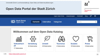 Universität Zürich Lunchveranstaltung: Open Data und Datenvisualisierungen
3328. November 2018 – Forschungsstelle Digitale Nachhaltigkeit
Open Data Portal der Stadt Zürich
Link: https://data.stadt-zuerich.ch
 