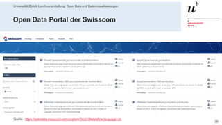 Universität Zürich Lunchveranstaltung: Open Data und Datenvisualisierungen
3628. November 2018 – Forschungsstelle Digitale Nachhaltigkeit
Open Data Portal der Swisscom
Quelle: https://opendata.swisscom.com/explore/?sort=title&refine.language=de
 