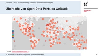 Universität Zürich Lunchveranstaltung: Open Data und Datenvisualisierungen
4028. November 2018 – Forschungsstelle Digitale Nachhaltigkeit
Übersicht von Open Data Portalen weltweit
Quelle: https://opendatainception.io
 