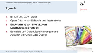 Universität Zürich Lunchveranstaltung: Open Data und Datenvisualisierungen
4128. November 2018 – Forschungsstelle Digitale Nachhaltigkeit
Agenda
1. Einführung Open Data
2. Open Data in der Schweiz und international
3. Entwicklung von interaktiven
Datenvisualisierungen
4. Beispiele von Datenvisualisierungen und
Ausblick auf Open Data Übung
 