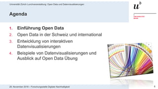 Universität Zürich Lunchveranstaltung: Open Data und Datenvisualisierungen
628. November 2018 – Forschungsstelle Digitale Nachhaltigkeit
Agenda
1. Einführung Open Data
2. Open Data in der Schweiz und international
3. Entwicklung von interaktiven
Datenvisualisierungen
4. Beispiele von Datenvisualisierungen und
Ausblick auf Open Data Übung
 
