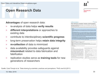18. März 2016
Open Data und interaktive Datenvisualisierungen
30
Open Research Data
Advantages of open research data:
> re-analysis of data helps verify results
> different interpretations or approaches to
existing data
> contribute to interdisciplinary scientific progress
> long-term preservation helps retain data integrity
> re-collection of data is minimized
> data availability provides safeguards against
misconduct related to data fabrication and
falsification
> replication studies serve as training tools for new
generations of researchers
Quelle: Carol Tenopir et al. "Data sharing by scientists: practices and perceptions." PloS one 6.6 (2011)
 
