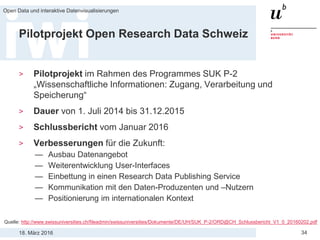 18. März 2016
Open Data und interaktive Datenvisualisierungen
34
Pilotprojekt Open Research Data Schweiz
> Pilotprojekt im Rahmen des Programmes SUK P-2
„Wissenschaftliche Informationen: Zugang, Verarbeitung und
Speicherung“
> Dauer von 1. Juli 2014 bis 31.12.2015
> Schlussbericht vom Januar 2016
> Verbesserungen für die Zukunft:
— Ausbau Datenangebot
— Weiterentwicklung User-Interfaces
— Einbettung in einen Research Data Publishing Service
— Kommunikation mit den Daten-Produzenten und –Nutzern
— Positionierung im internationalen Kontext
Quelle: http://www.swissuniversities.ch/fileadmin/swissuniversities/Dokumente/DE/UH/SUK_P-2/ORD@CH_Schlussbericht_V1_0_20160202.pdf
 