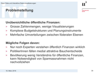 18. März 2016
Open Data und interaktive Datenvisualisierungen
39
Problemstellung
Unübersichtliche öffentliche Finanzen:
> Grosse Zahlenmengen, wenige Visualisierungen
> Komplexe Budgetstrukturen und Planungsinstrumente
> Mehrfache Umverteilungen zwischen föderalen Ebenen
Mögliche Folgen davon:
> Nur noch Experten verstehen öffentlich Finanzen wirklich
> PolitikerInnen fällen medial attraktive Bauchentscheide
> Bevölkerung wenig Verständnis für öffentliche Finanzen,
kann Notwendigkeit von Sparmassnahmen nicht
nachvollziehen
 