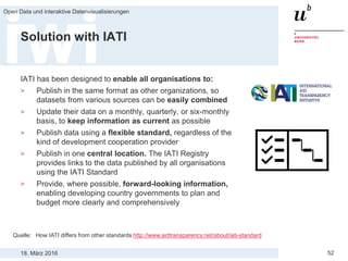 18. März 2016
Open Data und interaktive Datenvisualisierungen
52
Solution with IATI
IATI has been designed to enable all organisations to:
> Publish in the same format as other organizations, so
datasets from various sources can be easily combined
> Update their data on a monthly, quarterly, or six-monthly
basis, to keep information as current as possible
> Publish data using a flexible standard, regardless of the
kind of development cooperation provider
> Publish in one central location. The IATI Registry
provides links to the data published by all organisations
using the IATI Standard
> Provide, where possible, forward-looking information,
enabling developing country governments to plan and
budget more clearly and comprehensively
Quelle: How IATI differs from other standards http://www.aidtransparency.net/about/iati-standard
 
