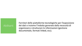 Fornitori delle piattaforme tecnologiche per l’esposizione
dei dati e insieme l’indotto generato dalla necessità di
organizzare e strutturare le informazioni (gestione
documentale, formati linked, ecc).
Abilitanti
 