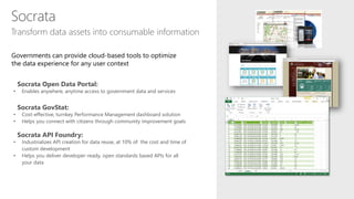 Socrata
Governments can provide cloud-based tools to optimize
the data experience for any user context
Transform data assets into consumable information
Socrata Open Data Portal:
• Enables anywhere, anytime access to government data and services
Socrata GovStat:
• Cost-effective, turnkey Performance Management dashboard solution
• Helps you connect with citizens through community improvement goals
Socrata API Foundry:
• Industrializes API creation for data reuse, at 10% of the cost and time of
custom development
• Helps you deliver developer-ready, open standards based APIs for all
your data
 