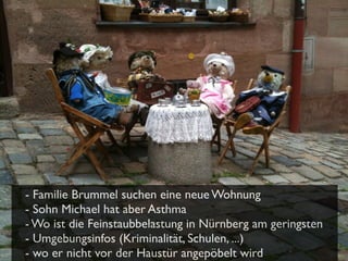 - Familie Brummel suchen eine neue Wohnung
- Sohn Michael hat aber Asthma
- Wo ist die Feinstaubbelastung in Nürnberg am geringsten
- Umgebungsinfos (Kriminalität, Schulen, ...)
- wo er nicht vor der Haustür angepöbelt wird

 