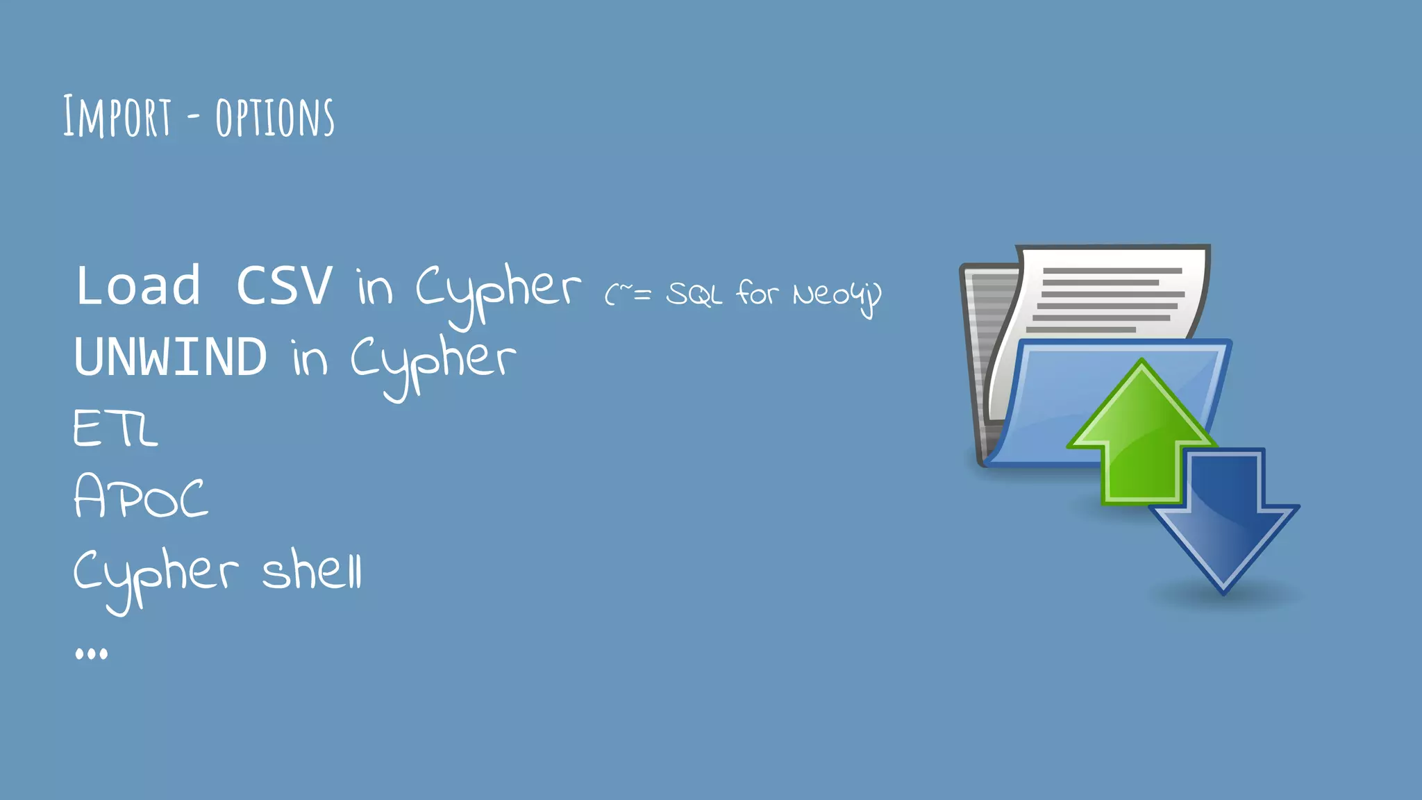 Import - options
Load CSV in Cypher (~= SQL for Neo4j)
UNWIND in Cypher
ETL
APOC
Cypher shell
...
 