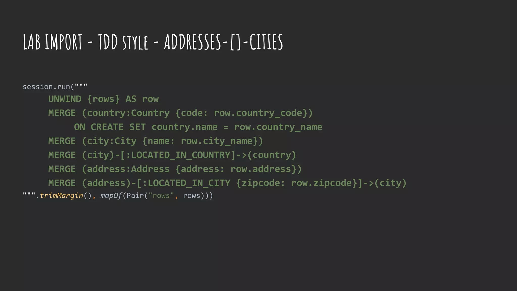 session.run("""
UNWIND {rows} AS row
MERGE (country:Country {code: row.country_code})
ON CREATE SET country.name = row.country_name
MERGE (city:City {name: row.city_name})
MERGE (city)-[:LOCATED_IN_COUNTRY]->(country)
MERGE (address:Address {address: row.address})
MERGE (address)-[:LOCATED_IN_CITY {zipcode: row.zipcode}]->(city)
""".trimMargin(), mapOf(Pair("rows", rows)))
LAB IMPORT - TDD style - ADDRESSES-[]-CITIES
 