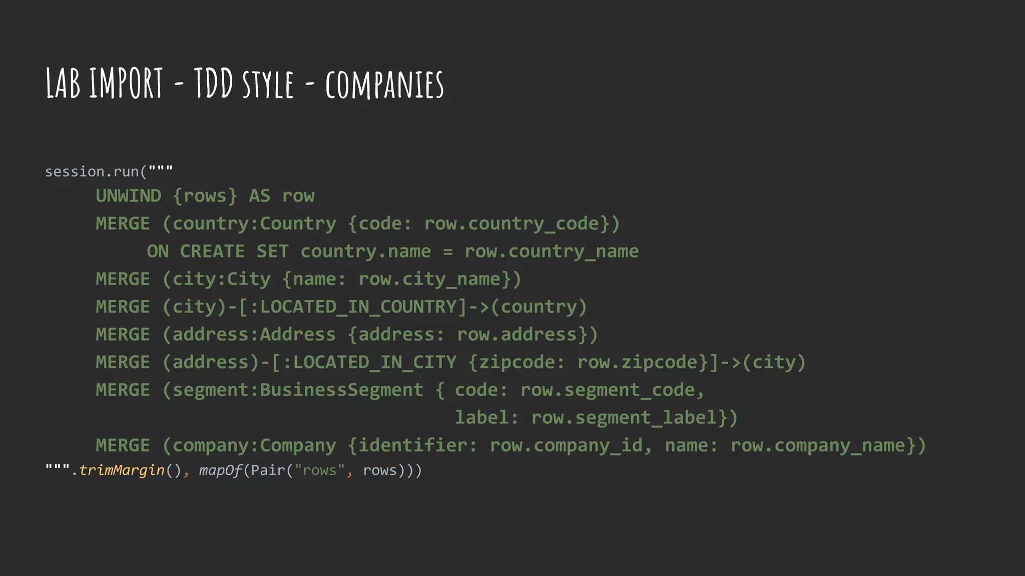 session.run("""
UNWIND {rows} AS row
MERGE (country:Country {code: row.country_code})
ON CREATE SET country.name = row.country_name
MERGE (city:City {name: row.city_name})
MERGE (city)-[:LOCATED_IN_COUNTRY]->(country)
MERGE (address:Address {address: row.address})
MERGE (address)-[:LOCATED_IN_CITY {zipcode: row.zipcode}]->(city)
MERGE (segment:BusinessSegment { code: row.segment_code,
label: row.segment_label})
MERGE (company:Company {identifier: row.company_id, name: row.company_name})
""".trimMargin(), mapOf(Pair("rows", rows)))
LAB IMPORT - TDD style - companies
 
