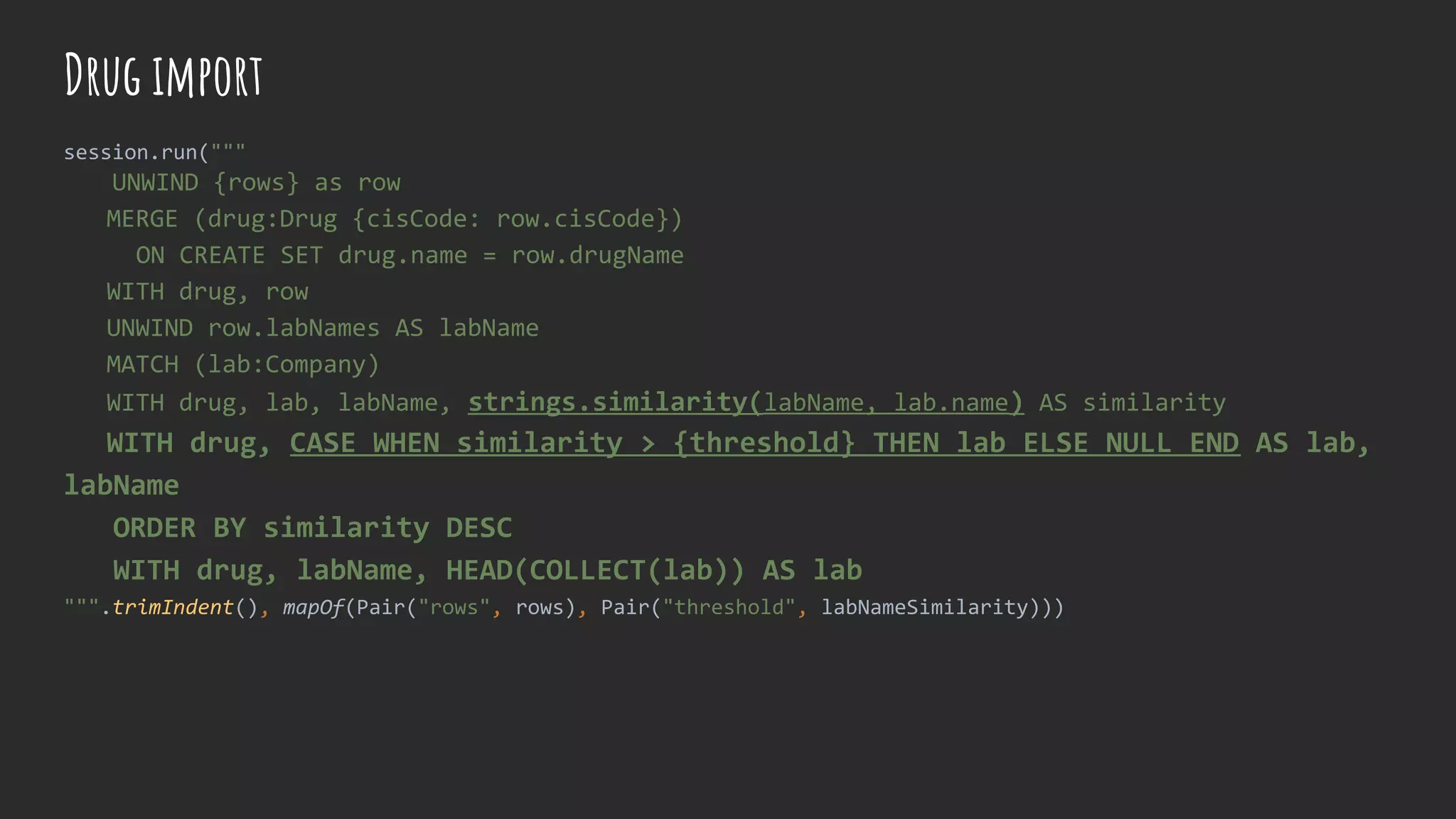 session.run("""
UNWIND {rows} as row
MERGE (drug:Drug {cisCode: row.cisCode})
ON CREATE SET drug.name = row.drugName
WITH drug, row
UNWIND row.labNames AS labName
MATCH (lab:Company)
WITH drug, lab, labName, strings.similarity(labName, lab.name) AS similarity
WITH drug, CASE WHEN similarity > {threshold} THEN lab ELSE NULL END AS lab,
labName
ORDER BY similarity DESC
WITH drug, labName, HEAD(COLLECT(lab)) AS lab
""".trimIndent(), mapOf(Pair("rows", rows), Pair("threshold", labNameSimilarity)))
Drug import
 