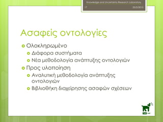 Knowledge and Uncertainty Research Laboratory
 Ολοκληρωμένο
 Διάφορα συστήματα
 Νέα μεθοδολογία ανάπτυξης οντολογιών
 Προς υλοποίηση
 Αναλυτική μεθοδολογία ανάπτυξης
οντολογιών
 Βιβλιοθήκη διαχείρησης ασαφών σχέσεων
25/2/201517
Ασαφείς οντολογίες
 