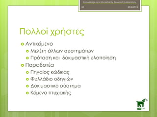 Knowledge and Uncertainty Research Laboratory
 Αντικείμενο
 Μελέτη άλλων συστημάτων
 Πρόταση και δοκιμαστική υλοποίηση
 Παραδοτέα
 Πηγαίος κώδικας
 Φυλλάδιο οδηγιών
 Δοκιμαστικό σύστημα
 Κείμενο πτυχιακής
25/2/201533
Πολλοί χρήστες
 