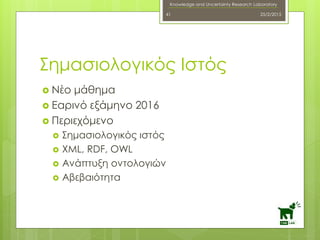 Knowledge and Uncertainty Research Laboratory
 Νέο μάθημα
 Εαρινό εξάμηνο 2016
 Περιεχόμενο
 Σημασιολογικός ιστός
 XML, RDF, OWL
 Ανάπτυξη οντολογιών
 Αβεβαιότητα
25/2/201541
Σημασιολογικός Ιστός
 