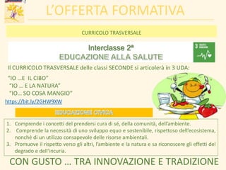 L’OFFERTA FORMATIVA
Il CURRICOLO TRASVERSALE delle classi SECONDE si articolerà in 3 UDA:
“IO …E IL CIBO”
“IO … E LA NATURA”
“IO… SO COSA MANGIO”
CON GUSTO … TRA INNOVAZIONE E TRADIZIONE
Interclasse 2ª
CURRICOLO TRASVERSALE
1. Comprende i concetti del prendersi cura di sé, della comunità, dell’ambiente.
2. Comprende la necessità di uno sviluppo equo e sostenibile, rispettoso dell’ecosistema,
nonché di un utilizzo consapevole delle risorse ambientali.
3. Promuove il rispetto verso gli altri, l’ambiente e la natura e sa riconoscere gli effetti del
degrado e dell’incuria.
https://bit.ly/2GHW9XW
20
 