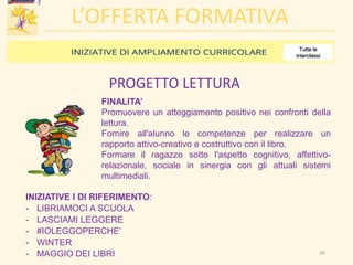 L’OFFERTA FORMATIVA
PROGETTO LETTURA
FINALITA’
Promuovere un atteggiamento positivo nei confronti della
lettura.
Fornire all'alunno le competenze per realizzare un
rapporto attivo-creativo e costruttivo con il libro.
Formare il ragazzo sotto l'aspetto cognitivo, affettivo-
relazionale, sociale in sinergia con gli attuali sistemi
multimediali.
INIZIATIVE I DI RIFERIMENTO:
- LIBRIAMOCI A SCUOLA
- LASCIAMI LEGGERE
- #IOLEGGOPERCHE’
- WINTER
- MAGGIO DEI LIBRI
Tutte le
interclassi
26
 