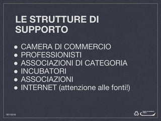LE STRUTTURE DI
SUPPORTO
● CAMERA DI COMMERCIO
● PROFESSIONISTI
● ASSOCIAZIONI DI CATEGORIA
● INCUBATORI
● ASSOCIAZIONI
● INTERNET (attenzione alle fonti!)
18112016
 