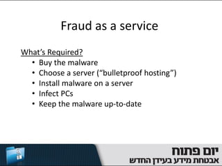 Fraud as a service
What’s Required?
  • Buy the malware
  • Choose a server (“bulletproof hosting”)
  • Install malware on a server
  • Infect PCs
  • Keep the malware up-to-date
 