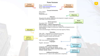 Name Surname
Phone: +38 (000) 00-00-00
Email: name.surname@gmail.com
Skype: name.surname
Personal information
Date of Birth: 00/00/0000
Residence:
Dnepropetrovsk
Objective
My goal is the software application development to supply customers
with stable world class products.
Work experience:
November 2010 – To present
PHP developer - Ciklum, Dnipropetrovsk
Project: medical insurance system for enterprises
Responsibilities: design of architecture, design DB, development server-
side scripting.
Tools and technologies: PHP5(Yii), Javascript, (jquery), Mysql,
Education:
2004- 2009 – Dnipropetrovs’k National University,
Department of physics and computer systems,
Master, Computer systems and networks.
Additional Education:
2009 - Java courses in company
Languages:
English - advanced
Skills & Technologies
Languages: PHP 5, Python, JavaScript
Frameworks:Yii, Zend, Smarty, Django, jQuery
Web: HTML/XHTML, HTML5, CSS, AJAX, JSON, XML
RDBMS: MySQL, SQLite
Additional information
Diploma for the 1st place in the mathematics competition.
Objective
Contact
Information
Work
Experience
Addition
Education
Education
Additional
Information
Languages
Personal
Information
Technologies
and Skills
09
 