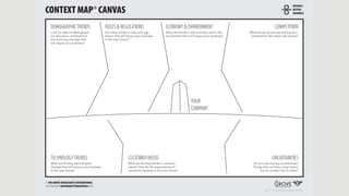 Based on the Context Map designed by David Sibbet
© THE GROVE CONSULTANTS INTERNATIONAL
THISVERSION BY DESIGNABETTERBUSINESS.COM
DESIGN A
BETTER
BUSINESSCONTEXT MAP® CANVAS
Look for data on demograph-
ics, education, employment.
Are there big changes that
will impact your business?
DEMOGRAPHICTRENDS
What are the big technological
changes that will impact your business
in the near future?
TECHNOLOGYTRENDS
What are the big trends in customer
needs? How do the expectations of
customers develop in the near future?
CUSTOMER NEEDS
Are there trends in rules and regu-
lations that will impact your business
in the near future?
RULES & REGULATIONS
What trends do you see among your
competitors? Are there new entries?
COMPETITION
YOUR
COMPANY
Do you see any big uncertainties?
Things that can have a big impact,
but it’s unclear how or when?
UNCERTAINTIES
What are trends in the economy and in the
environment that will impact your business?
ECONOMY & ENVIRONMENT
 