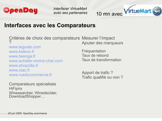 Interfacer VirtueMart
                                                                                           avec ses partenaires     10 mn avec

                             Interfaces avec les Comparateurs

                                                         Critères de choix des comparateurs Mesurer l’impact
                                                         ?                                  Ajouter des marqueurs
                                                         www.leguide.com
                                                         www.kelkoo.fr                                      Fréquentation
                                                         www.twenga.fr                                      Taux de rebond
                                                         www.acheter-moins-cher.com                         Taux de transformation
                                                         www.shopzilla.fr
                                                         www.ciao.fr
                                                                                                            Apport de trafic ?
                                                         www.rueducommerce.fr
                                                                                                            Trafic qualifié ou non ?
                                                         Comparateurs spécialisés
                                                         HiFiprix
                                                         Winesearcher, Winedecider,
                                                         DownloadShopper…



file:///home/pptfactory/temp/20090704075955/footer.jpg
                                                         29 juin 2009- OpenDay ecommerce
 