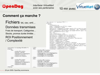 Interfacer VirtueMart
                                                                                           avec ses partenaires    10 mn avec

                             Comment ça marche ?
                                                         Fichiers txt, csv, xml…
                                                         Données transmises
                                                         Frais de transport, Catégories…
                                                         Stocks, promos durée limitée…
                                                         ROI Positionnement
                                                         / Complexité




file:///home/pptfactory/temp/20090704075955/footer.jpg
                                                         29 juin 2009- OpenDay ecommerce
 