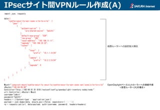 IPsecサイト間VPNルール作成(A)
import json, requests
data={
"vyatta-security-vpn-ipsec:site-to-site": {
"peer": [
{
"authentication": {
"pre-shared-secret": "SeCrEt"
},
"default-esp-group": "ESP",
"ike-group": "IKE",
"local-address": "192.168.11.11",
"tagnode": "192.168.22.22",
"tunnel": [
{
"local": {
"prefix": "10.1.1.0/24"
},
"remote": {
"prefix": "10.2.2.0/24"
},
"tagnode": 0
}
]
}
]
}
}
Mount="/yang-ext:mount/vyatta-security:security/vyatta-security-vpn-ipsec:vpn/ipsec/site-to-site"
vRouter="100.64.99.99"
Controller="http://100.64.81.81:8181/restconf/config/opendaylight-inventory:nodes/node/"
url= Controller+ vRouter+ Mount
username="admin"
password="SeCrEt"
headers = {'Content-type': 'application/json'}
payload = json.dumps(data, ensure_ascii=False, separators=(',',':'))
rp = requests.put(url, data=payload, auth=(username, password), headers=headers)
仮想ルーターへの設定投入項目
OpenDaylightベースコントローラーへの接続手順
<仮想ルーター(A)の場合>
 
