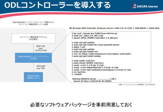 ODLコントローラーを導入する
必要なソフトウェアパッケージを事前用意しておく
例) Brocade SDN Controller @Ubuntu Server 1404 LTS (4 vCPU + 4GB DRAM + 16GB SSD)
 