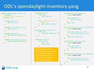 Java, Interface, Maven, OSGi, Karaf
► Java chosen as an enterprise-grade,
cross-platform compatible language
► Java Interfaces are used for event listening,
specifications and forming patterns
► Maven – build system for Java
► OSGi:
 Allows dynamically loading bundles
 Allows registering dependencies and
services exported
 For exchanging information across bundles
► Karaf: Light-weight Runtime for loading modules/bundles
 OSGi based. Primary distribution mechanism for Helium
19
OSGi Framework
(Equinox)
Feature
A
SAL
Feature
B …
Karaf
 