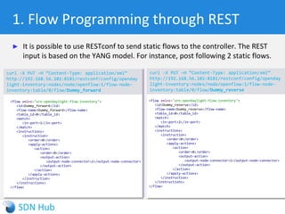 ► Since RPC calls typically use the thread of the caller, it is generally
recommended to use executor threads to prevent blocking the caller thread.
Example of Consumer (contd.)
36
private final ListeningExecutorService executor =
MoreExecutors.listeningDecorator(Executors.newFixedThreadPool(10));
@Override
public void onNodeUpdated(NodeUpdated nodeUpdated) {
final ListenableFuture<RpcResult<RemoveFlowOutput>> result = executor.submit(
new Callable<RpcResult<RemoveFlowOutput>>() {
public RpcResult<RemoveFlowOutput> call() {
try {
return salFlowService.removeFlow(flowBuilder.build()).get();
} catch (InterruptedException | ExecutionException e) {
e.printStackTrace();
return null;
}
}
});
Futures.addCallback(result, new FutureCallback<RpcResult<Void>>() {
public void onSuccess(RpcResult<RemoveFlowOutput> result) {
LOG.info(“Flow programming successful {}“, result.getResult());
}
public void onFailure(Throwable error) {
LOG.info(“Flow programming failed with error {}", error);
};
});
}
Submit
Future to
executor
Register
lean
callbbacks
 
