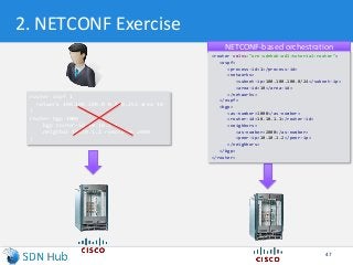 2. NETCONF Exercise
47
router ospf 1
network 100.100.100.0 0.0.0.255 area 10
!
router bgp 1000
bgp router-id 10.10.1.1
neighbor 10.10.1.2 remote-as 2000
!
NETCONF-based orchestration
<router xmlns="urn:sdnhub:odl:tutorial:router">
<ospf>
<process-id>1</process-id>
<networks>
<subnet-ip>100.100.100.0/24</subnet-ip>
<area-id>10</area-id>
</networks>
</ospf>
<bgp>
<as-number>1000</as-number>
<router-id>10.10.1.1</router-id>
<neighbors>
<as-number>2000</as-number>
<peer-ip>10.10.1.2</peer-ip>
</neighbors>
</bgp>
</router>
 