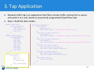 3. Tap Application
► Network traffic tap is an application that filters certain traffic coming from a source
and sends it to a sink, based on proactively programmed OpenFlow rules
► Step 1: Build the data model…
52
typedef field-type {
type enumeration {
enum source;
enum destination;
enum both;
}
}
typedef traffic-type {
type enumeration {
enum ARP;
enum DNS;
enum HTTP;
enum HTTPS;
enum TCP;
enum UDP;
enum DHCP;
enum ICMP;
}
}
container tap-spec {
list tap {
key "id";
leaf id {
type string;
}
uses tap-grouping;
}
}
grouping tap-grouping {
leaf node {
mandatory true;
type leafref { path "/inv:nodes/inv:node/inv:id"; }
}
leaf-list src-node-connector {
min-elements 1;
type leafref { path "/inv:nodes/inv:node/inv:node-connector/inv:id"; }
}
leaf-list sink-node-connector {
min-elements 1;
type leafref { path "/inv:nodes/inv:node/inv:node-connector/inv:id"; }
}
container mac-address-match {
leaf type { type field-type; }
leaf value { type yang:mac-address; }
}
container ip-address-match {
leaf type { type field-type; }
leaf value { type inet:ipv4-prefix; }
}
leaf traffic-match {
type traffic-type;
}
}
 