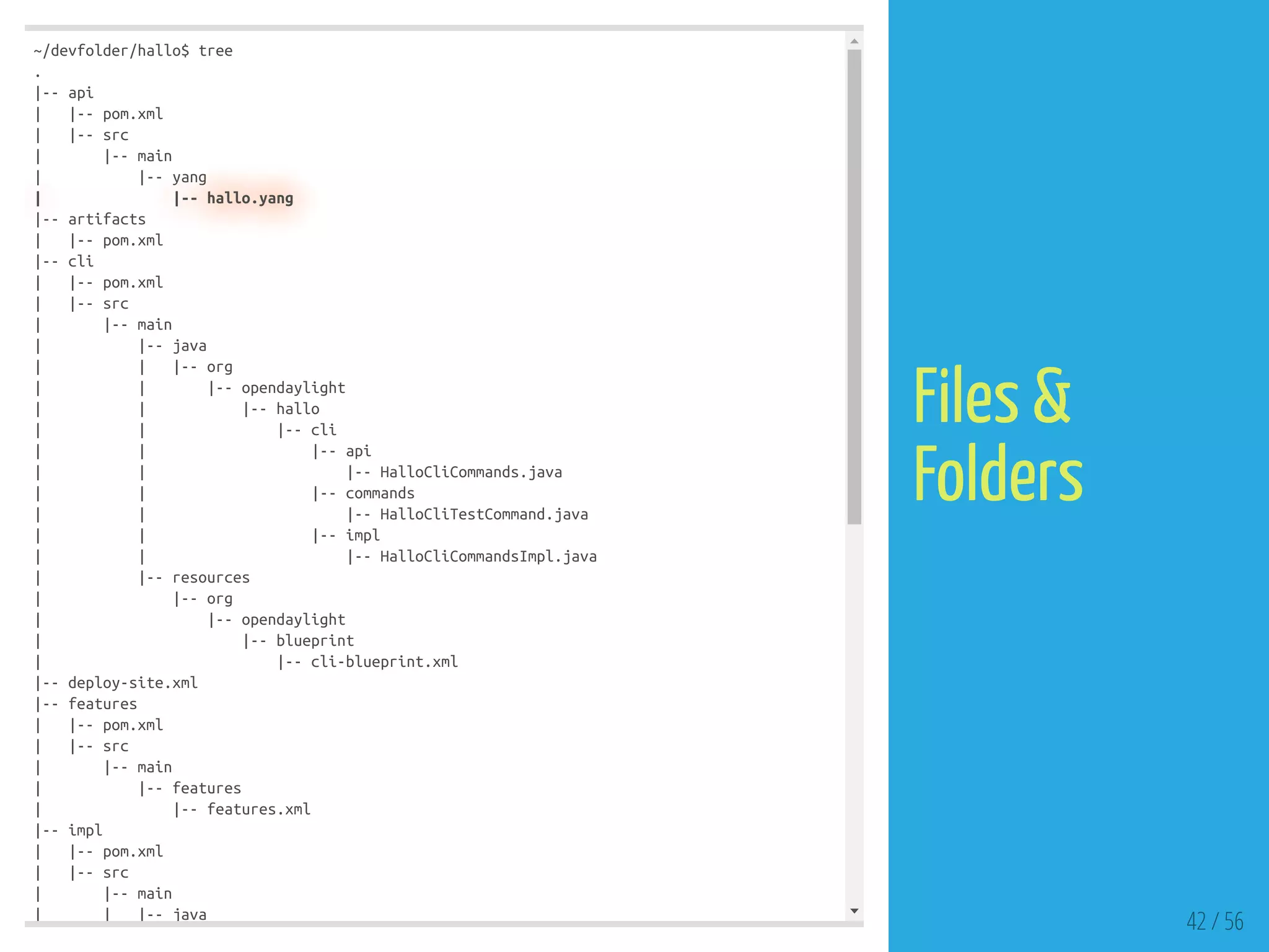 ~/devfolder/hallo$ tree
.
|-- api
| |-- pom.xml
| |-- src
| |-- main
| |-- yang
| |-- hallo.yang
|-- artifacts
| |-- pom.xml
|-- cli
| |-- pom.xml
| |-- src
| |-- main
| |-- java
| | |-- org
| | |-- opendaylight
| | |-- hallo
| | |-- cli
| | |-- api
| | |-- HalloCliCommands.java
| | |-- commands
| | |-- HalloCliTestCommand.java
| | |-- impl
| | |-- HalloCliCommandsImpl.java
| |-- resources
| |-- org
| |-- opendaylight
| |-- blueprint
| |-- cli-blueprint.xml
|-- deploy-site.xml
|-- features
| |-- pom.xml
| |-- src
| |-- main
| |-- features
| |-- features.xml
|-- impl
| |-- pom.xml
| |-- src
| |-- main
| | |-- java
42 / 56
Files &
Folders
 