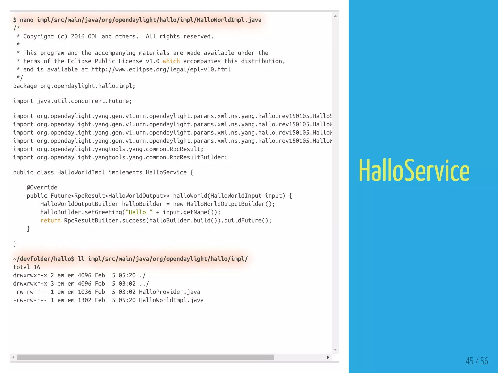 $ nano impl/src/main/java/org/opendaylight/hallo/impl/HalloWorldImpl.java
/*
* Copyright (c) 2016 ODL and others. All rights reserved.
*
* This program and the accompanying materials are made available under the
* terms of the Eclipse Public License v1.0 which accompanies this distribution,
* and is available at http://www.eclipse.org/legal/epl-v10.html
*/
package org.opendaylight.hallo.impl;
import java.util.concurrent.Future;
import org.opendaylight.yang.gen.v1.urn.opendaylight.params.xml.ns.yang.hallo.rev150105.HalloS
import org.opendaylight.yang.gen.v1.urn.opendaylight.params.xml.ns.yang.hallo.rev150105.HalloW
import org.opendaylight.yang.gen.v1.urn.opendaylight.params.xml.ns.yang.hallo.rev150105.HalloW
import org.opendaylight.yang.gen.v1.urn.opendaylight.params.xml.ns.yang.hallo.rev150105.HalloW
import org.opendaylight.yangtools.yang.common.RpcResult;
import org.opendaylight.yangtools.yang.common.RpcResultBuilder;
public class HalloWorldImpl implements HalloService {
@Override
public Future<RpcResult<HalloWorldOutput>> halloWorld(HalloWorldInput input) {
HalloWorldOutputBuilder halloBuilder = new HalloWorldOutputBuilder();
halloBuilder.setGreeting("Hallo " + input.getName());
return RpcResultBuilder.success(halloBuilder.build()).buildFuture();
}
}
~/devfolder/hallo$ ll impl/src/main/java/org/opendaylight/hallo/impl/
total 16
drwxrwxr-x 2 em em 4096 Feb 5 05:20 ./
drwxrwxr-x 3 em em 4096 Feb 5 03:02 ../
-rw-rw-r-- 1 em em 1036 Feb 5 03:02 HalloProvider.java
-rw-rw-r-- 1 em em 1302 Feb 5 05:20 HalloWorldImpl.java
45 / 56
HalloService
 