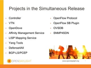 Projects in the Simultaneous Release
▪ 

Controller

▪ 

OpenFlow Protocol

▪ 

VTN

▪ 

OpenFlow SB Plugin

▪ 

OpenDove

▪ 

OVSDB

▪ 

Affinity Management Service

▪ 

SNMP4SDN

▪ 

LISP Mapping Service

▪ 

Yang Tools

▪ 

Defense4All

▪ 

BGP-LS/PCEP

www.opendaylight.org

*

 