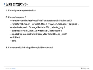 © PIOLINK, Inc. SDN No.1
실행 방법(OVS)
1. # modprobe openvswitch
2. # ovsdb-server 
--remote=punix:/usr/local/var/run/openvswitch/db.sock 
--remote=db:Open_vSwitch,Open_vSwitch,manager_options 
--private-key=db:Open_vSwitch,SSL,private_key 
--certificate=db:Open_vSwitch,SSL,certificate 
--bootstrap-ca-cert=db:Open_vSwitch,SSL,ca_cert 
--pidfile 
--deta
3. # ovs-vswitchd --log-file --pidfile --detach
 