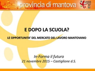 1 1
E DOPO LA SCUOLA?
LE OPPORTUNITA’ DEL MERCATO DEL LAVORO MANTOVANO
In-Forma il futuro
21 novembre 2015 – Castiglione d.S.
 