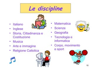 10
• Italiano
• Inglese
• Storia, Cittadinanza e
Costituzione
• Musica
• Arte e immagine
• Religione Cattolica
• Matematica
• Scienze
• Geografia
• Tecnologia e
informatica
• Corpo, movimento
e sport
Le discipline
 