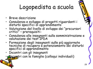 Logopedista a scuola
• Breve descrizione
• Consulenza e sviluppo di progetti riguardanti i
disturbi specifici di apprendimento
• Valutazione del livello di sviluppo dei “precursori
critici” – prerequisiti-
• Consulenza alle insegnanti sulla somministrazione e
valutazione dei test IPDA
• Formazione degli insegnanti sulle più aggiornate
tecniche di recupero e potenziamento dei disturbi
specifici di apprendimento
• Incontri con gli insegnanti
• Incontri con le famiglie (colloqui individuali)
29
 