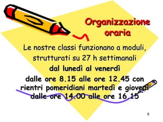 8
OrganizzazioneOrganizzazione
orariaoraria
Le nostre classi funzionano a moduli,Le nostre classi funzionano a moduli,
strutturati su 27 h settimanalistrutturati su 27 h settimanali
dal lunedì al venerdìdal lunedì al venerdì
dalle ore 8.15 alle ore 12.45 condalle ore 8.15 alle ore 12.45 con
rientri pomeridiani martedì e giovedìrientri pomeridiani martedì e giovedì
dalle ore 14.00 alle ore 16.15dalle ore 14.00 alle ore 16.15
 