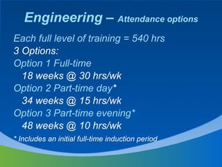 Engineering –  Attendance options Each full level of training = 540 hrs 3 Options: Option 1 Full-time 18 weeks @ 30 hrs/wk Option 2 Part-time day * 34 weeks @ 15 hrs/wk Option 3 Part-time evening* 48 weeks @ 10 hrs/wk * Includes an initial full-time induction period   
