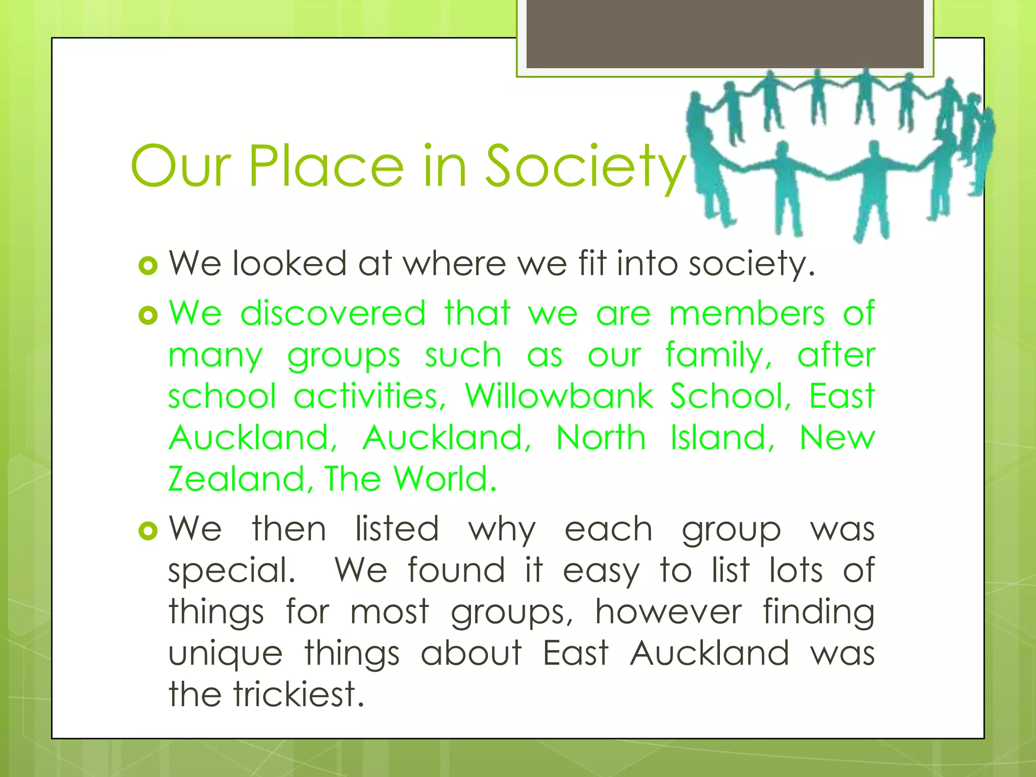 Our Place in Society
 We  looked at where we fit into society.
 We discovered that we are members of
  many groups such as our family, after
  school activities, Willowbank School, East
  Auckland, Auckland, North Island, New
  Zealand, The World.
 We then listed why each group was
  special. We found it easy to list lots of
  things for most groups, however finding
  unique things about East Auckland was
  the trickiest.
 