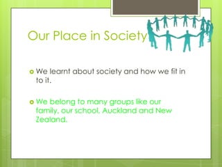 Our Place in Society

 We  learnt about society and how we fit in
 to it.

 Webelong to many groups like our
 family, our school, Auckland and New
 Zealand.
 