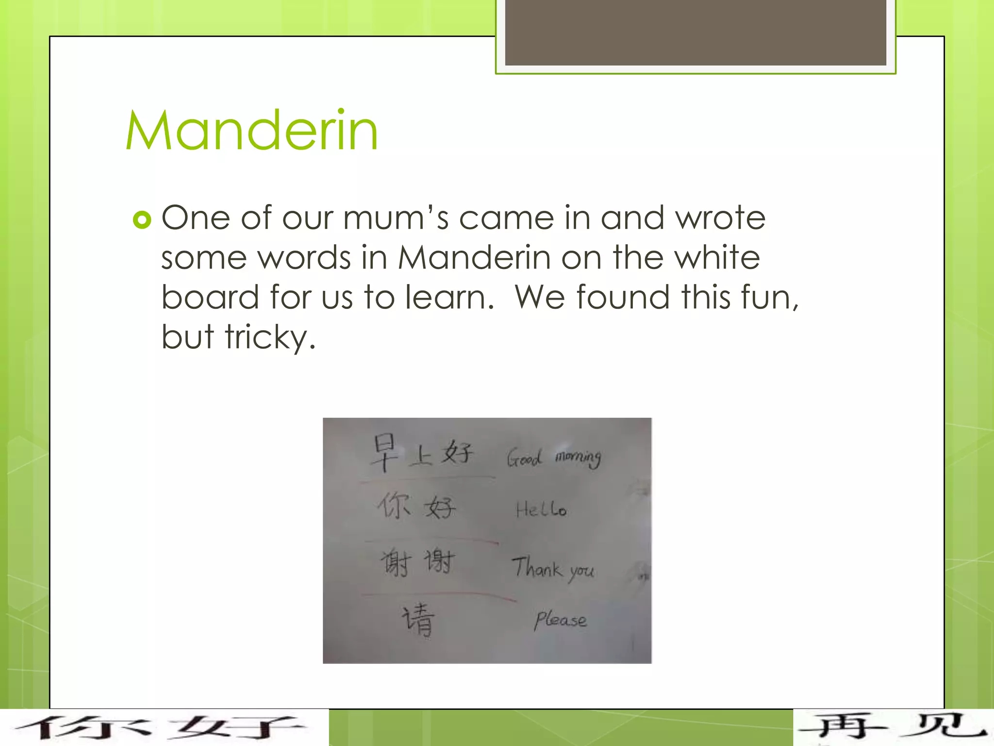 Manderin
 One  of our mum’s came in and wrote
 some words in Manderin on the white
 board for us to learn. We found this fun,
 but tricky.
 